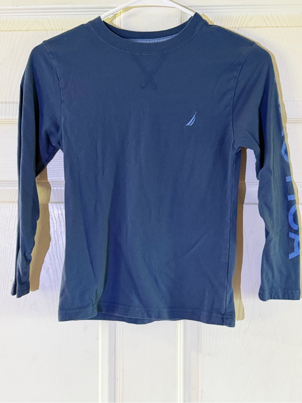 Nautica Boys' Long Sleeve Crew Tee in Navy with Light Blue Logo